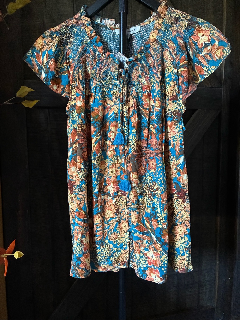 Rose & Olive Teal and Rust Floral Smocked Peasant Tunic pit 2 pit 24